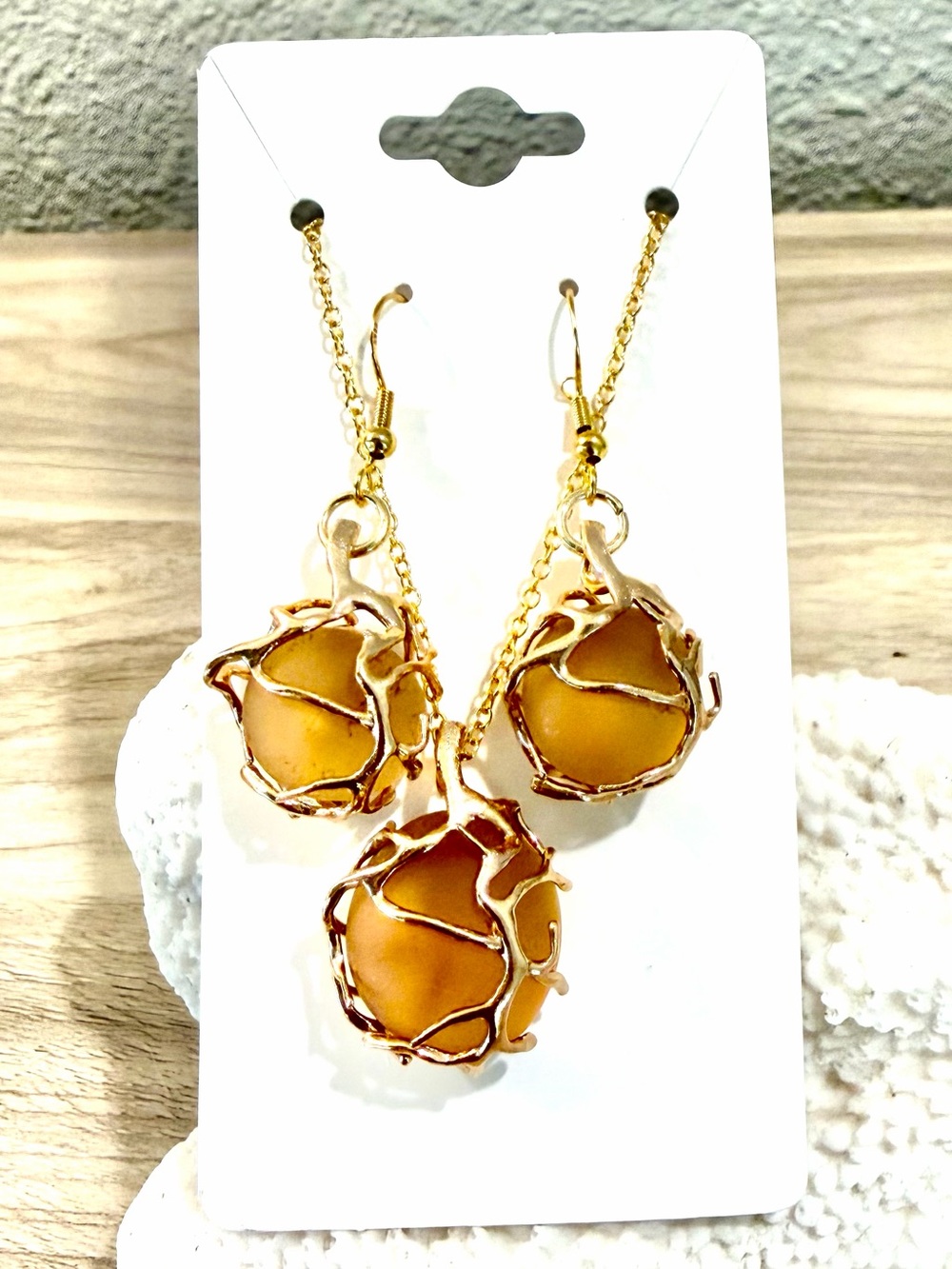 13. Gold-Tone Amber marble sea glass Necklace & Earrings Set